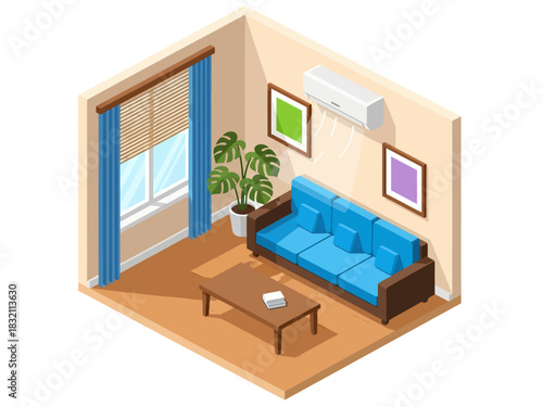 A cozy isometric living room features a blue sofa and wooden coffee table, accented by a lush monstera plant and a wall-mounted air conditioner cooling the sunlit space