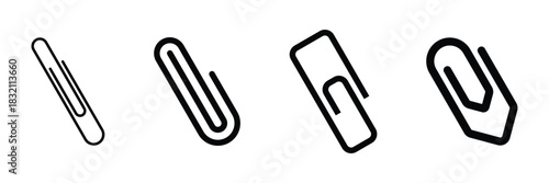 Clip vector icon set. Attach file or document paper clip symbol. Paperclip sign in black color.