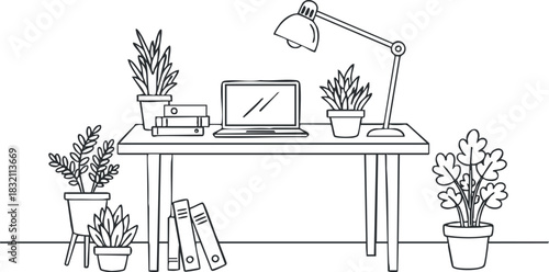 A minimalist workspace featuring a desk with a laptop, books, and various potted plants in line art vector style, perfect for home office design