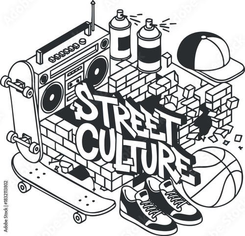 A street culture illustration featuring a skateboard, basketball, sneakers, boombox, and graffiti in black and white outline style, ideal for urban art projects
