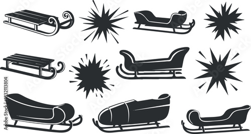 A collection of various sleigh designs in black and white vector style, ideal for winter holiday themes and festive decorations
