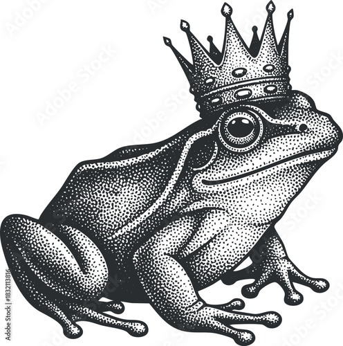 A frog wearing a crown in black and white retro vector style, ideal for whimsical illustrations and creative projects