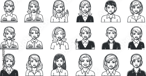 A collection of diverse line art avatars showcasing various expressions and emotions, in minimalist black and white vector style, ideal for business and communication projects