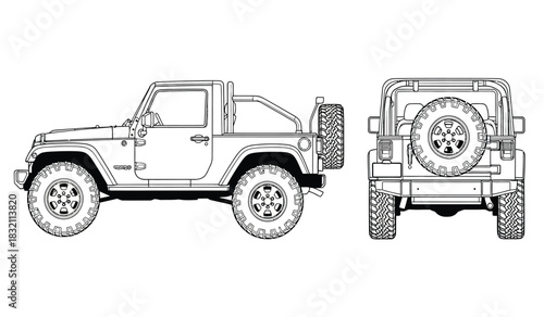 Off road vehicle technical drawing side and rear view car design blueprint automotive engineering illustration vehicle outline black and white silhouette