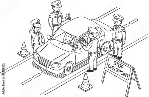 A scene depicting a police checkpoint with officers inspecting a car in a black and white outline vector style, suitable for law enforcement or safety awareness illustrations