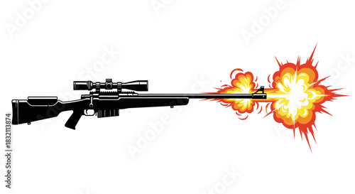 Sniper rifle vector illustration with explosion muzzle flash art
