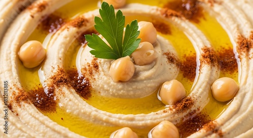Creamy homemade hummus garnished with chickpeas olive oil and paprika for a healthy snack