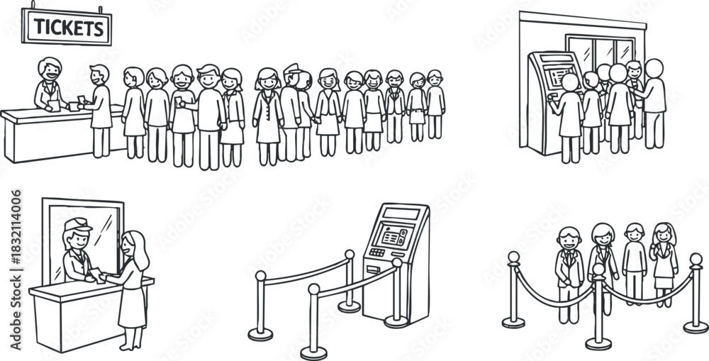 Obraz premium A collection of scenes depicting people in line for tickets, an ATM, and a ticket booth in simple black and white vector style, suitable for illustrating customer service concepts
