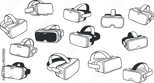 A collection of virtual reality headsets in outline vector style, ideal for technology and gaming illustrations