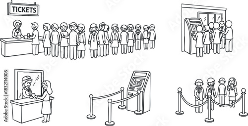 A collection of scenes depicting people in line for tickets, an ATM, and a ticket booth in simple black and white vector style, suitable for illustrating customer service concepts