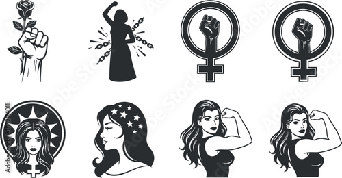 A collection of feminist icons including a rose, strong woman silhouettes, and empowerment symbols in black and white vector style, ideal for social activism and branding