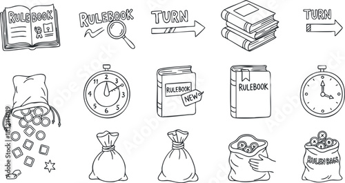 A collection of game-related icons including rulebooks, timers, and game bags in black and white minimalist vector style, perfect for board game design