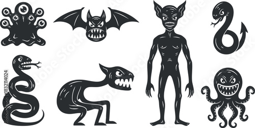A collection of cartoon-style monsters including bats, snakes, and octopuses in black and white vector style, ideal for Halloween-themed designs