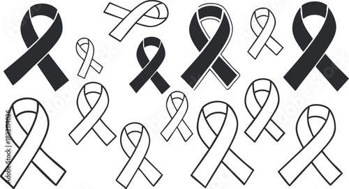 A collection of awareness ribbons in various sizes and styles, including black and white outlines, perfect for charitable events and campaigns