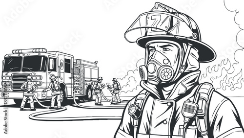 A firefighter in protective gear and mask standing in front of a fire truck, in black and white outline vector style, ideal for safety and emergency services designs