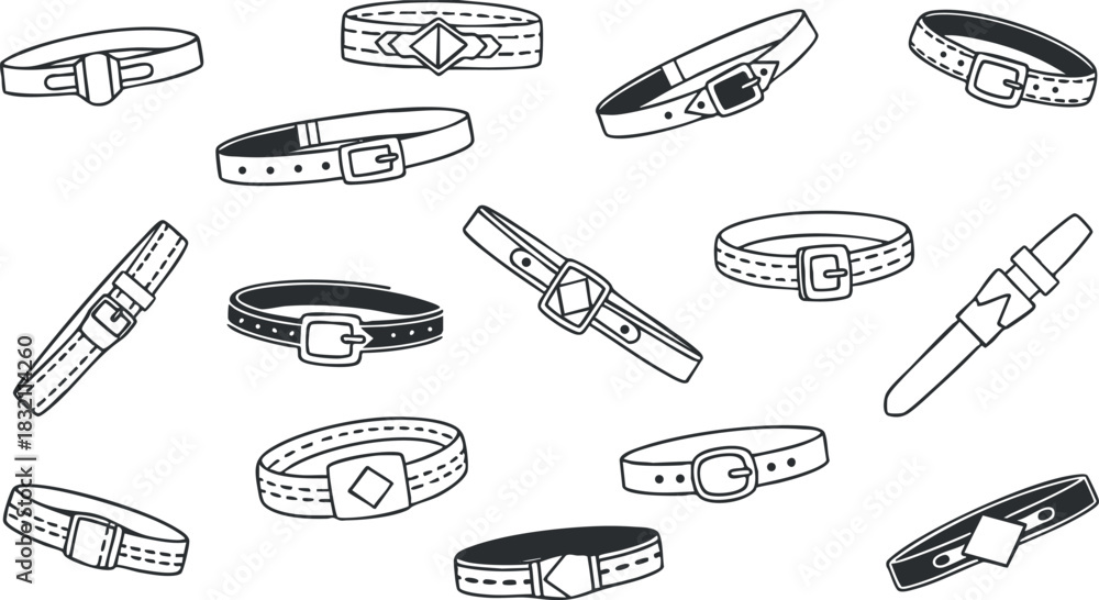 Fototapeta premium A collection of various belt designs in black and white outline vector style, suitable for fashion and accessory projects