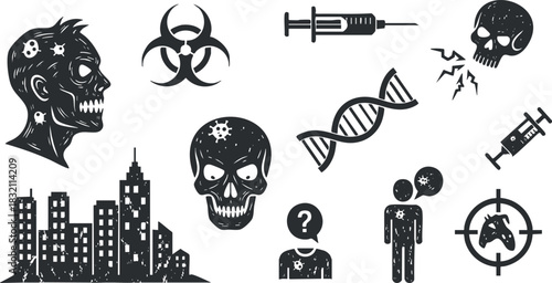 A collection of zombie, skull, biohazard symbols, syringes, and cityscape in black and white vector style, ideal for horror or medical-themed projects