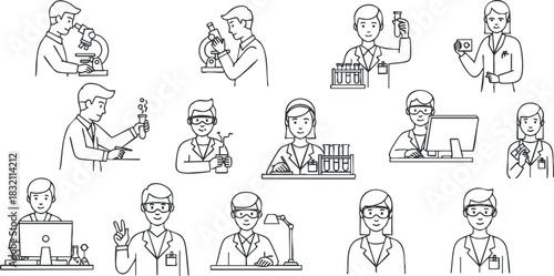 A collection of line art illustrations depicting scientists engaged in various laboratory experiments in minimalist vector style, ideal for educational materials and science-related projects