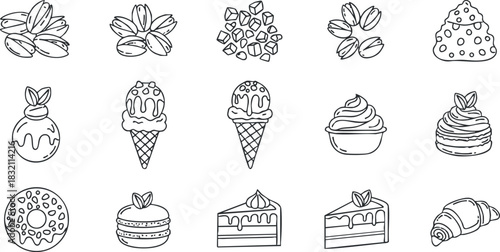 A collection of dessert icons including ice cream, cakes, macarons, and donuts in outline vector style, perfect for food-related designs