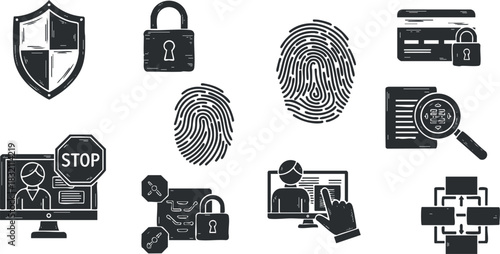 A collection of security and privacy icons including a shield, lock, fingerprints, and monitor in black and white vector style, suitable for technology and cybersecurity themes