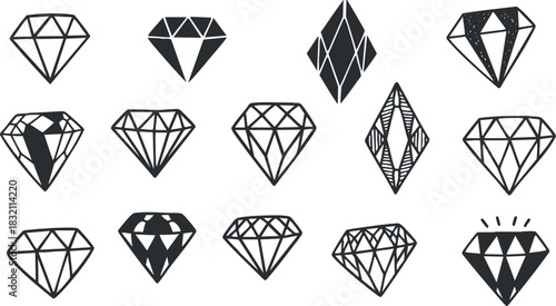 A collection of diamond icons in black and white minimalist vector style, perfect for jewelry branding and luxury designs