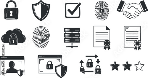 A collection of security and privacy icons including locks, shields, fingerprints, and documents in black and white vector style, suitable for digital technology projects
