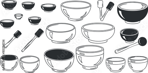 A collection of various bowls and utensils in minimalist black and white vector style, ideal for culinary and kitchen-themed projects