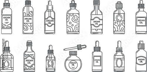 A collection of argan oil bottles with droppers in minimalist black and white vector style, suitable for beauty and skincare branding