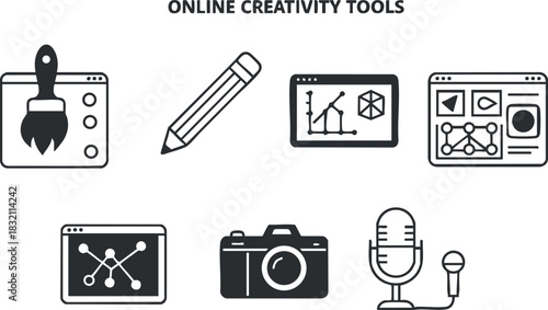A set of online creativity tools icons including a paintbrush, pencil, camera, and microphone in flat modern vector style, ideal for design and technology projects