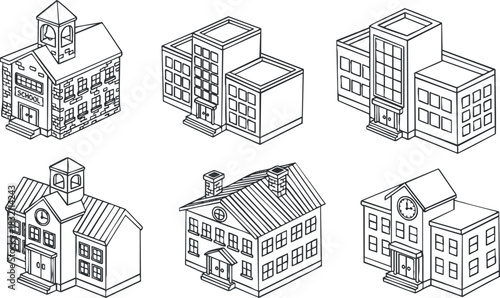 A collection of various buildings including schools and office structures in clean outline vector style, suitable for urban planning and educational projects
