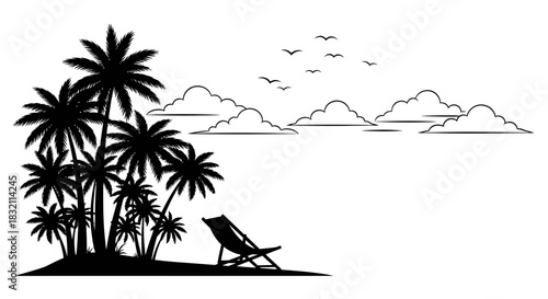 Island beach vacation palm trees and chair silhouette vector