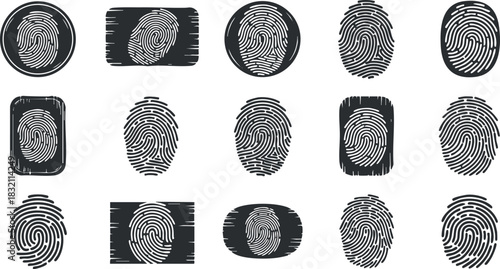 A collection of unique fingerprint designs in black and white vector style, suitable for security and identity branding
