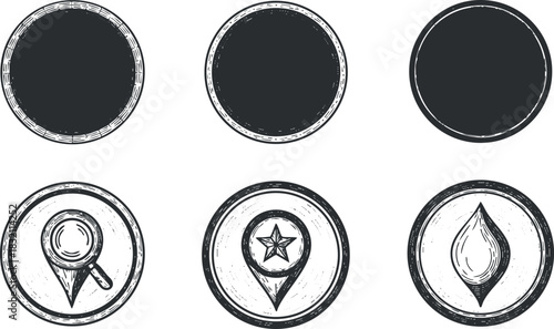 A collection of hand-drawn outline icons featuring circular shapes, a location pin, a star, and a droplet in minimalist vector style, suitable for web design and branding