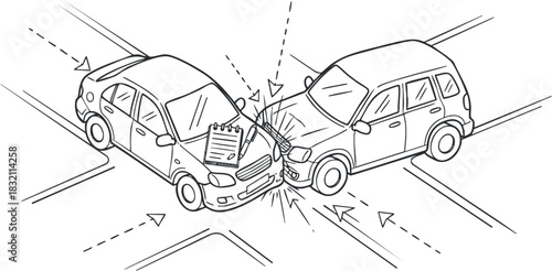 A sketch of two cars in a collision with an accident report pad in outline vector style, ideal for insurance and safety materials