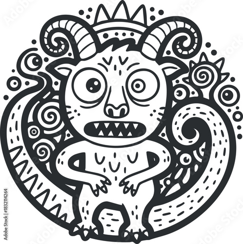 A quirky cartoon monster character with exaggerated features in black and white outline vector style, ideal for children's book illustrations