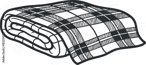 A folded plaid blanket in black and white minimalist vector style, ideal for home décor and cozy settings