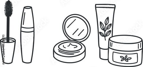 A collection of beauty and makeup products including mascara, foundation, compact powder, and moisturizing cream in a minimalist outline vector style, ideal for cosmetic branding and beauty projects