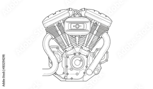 Detailed motorcycle engine illustration with visible components a powerful machine depicted in a striking black and white silhouette