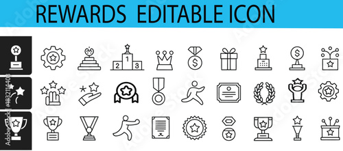 reward set of web icons in clean line style, including symbols for gifts, trophies, recognition, medals, bonuses, and various reward programs, designed with editable strokes ideal for apps and website