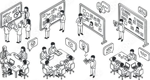 A collection of business team illustrations depicting data analysis, presentations, and meetings in a flat minimalist vector style, ideal for corporate training and marketing materials