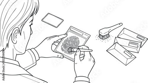 A detective examining a fingerprint on a card with a magnifying glass and brush in black and white outline vector style, suitable for forensic and investigative themes
