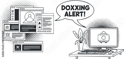 A doxxing alert graphic featuring a computer with a warning message in flat black and white vector style, suitable for cybersecurity awareness campaigns