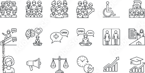 A collection of diverse icons representing community, wellness, accessibility, and growth in clean outline vector style, suitable for educational and social projects