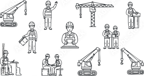 A collection of construction workers and equipment in outline vector style, ideal for construction industry projects and illustrations