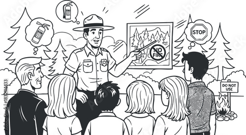 A park ranger educating a group about fire safety in a black and white line drawing style, ideal for outdoor education materials