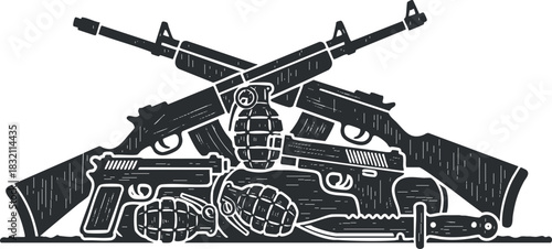 A collection of various firearms, grenades, and knives in black and white vintage vector style, suitable for military and defense designs