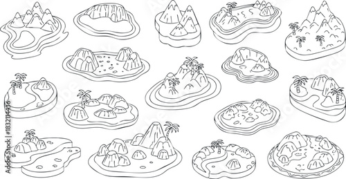 A collection of tropical island illustrations featuring mountains and palm trees in outline vector style, ideal for travel and adventure themes