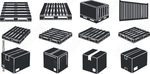 A collection of various shipping containers, pallets, and boxes in black and white vector style, ideal for logistics and packaging designs