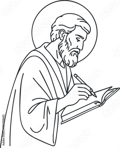 A saint writing in a book with a halo in outline vector style, suitable for religious illustrations and spiritual projects