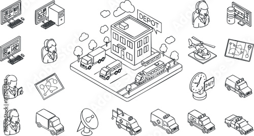 A logistics depot with delivery trucks and workers in line art style, suitable for transportation and business-related projects